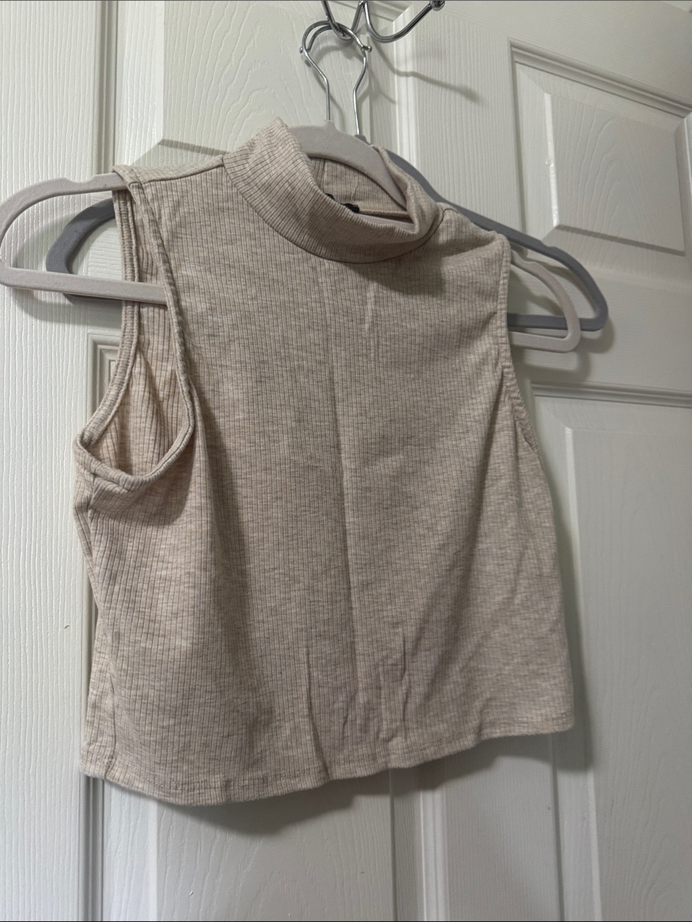 Sleeveless Ribbed Mock Neck Crop Top - Beige
